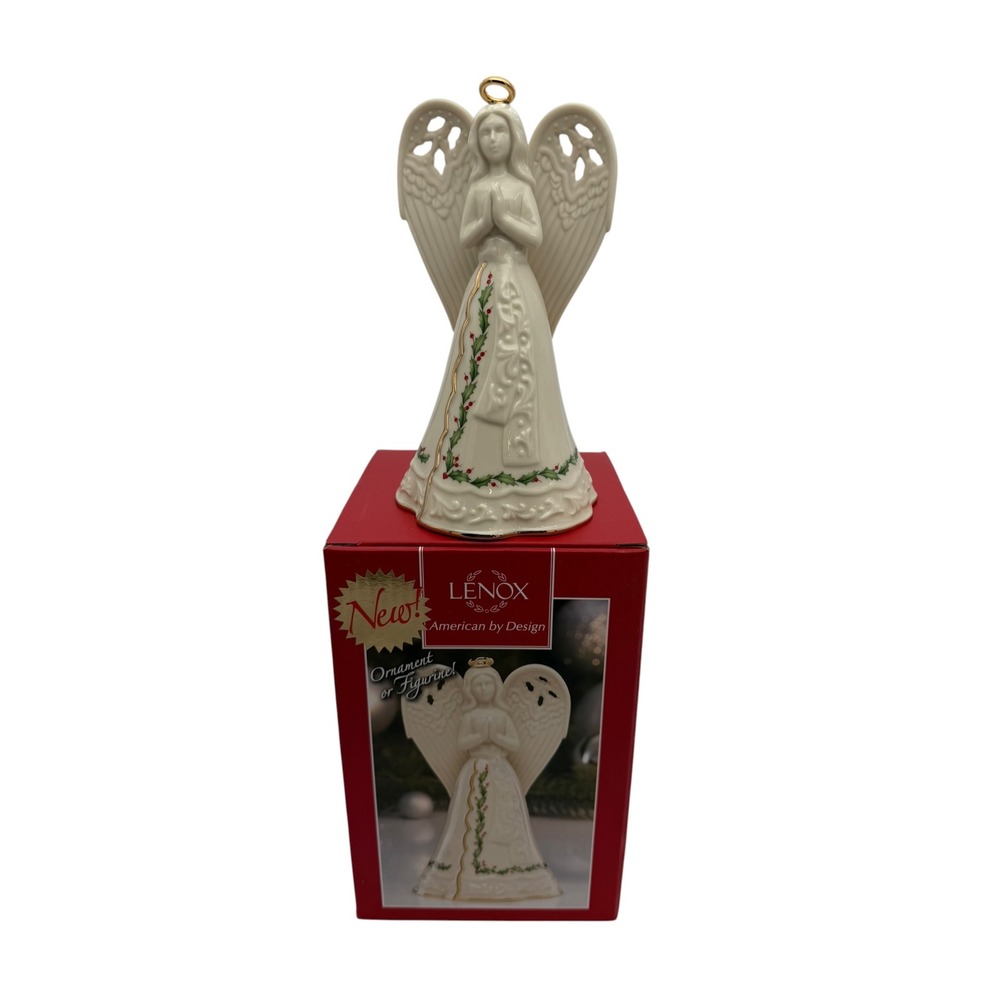 Lenox American by Design Porcelain Angel Ornament Figurine Holly Gold Trim New